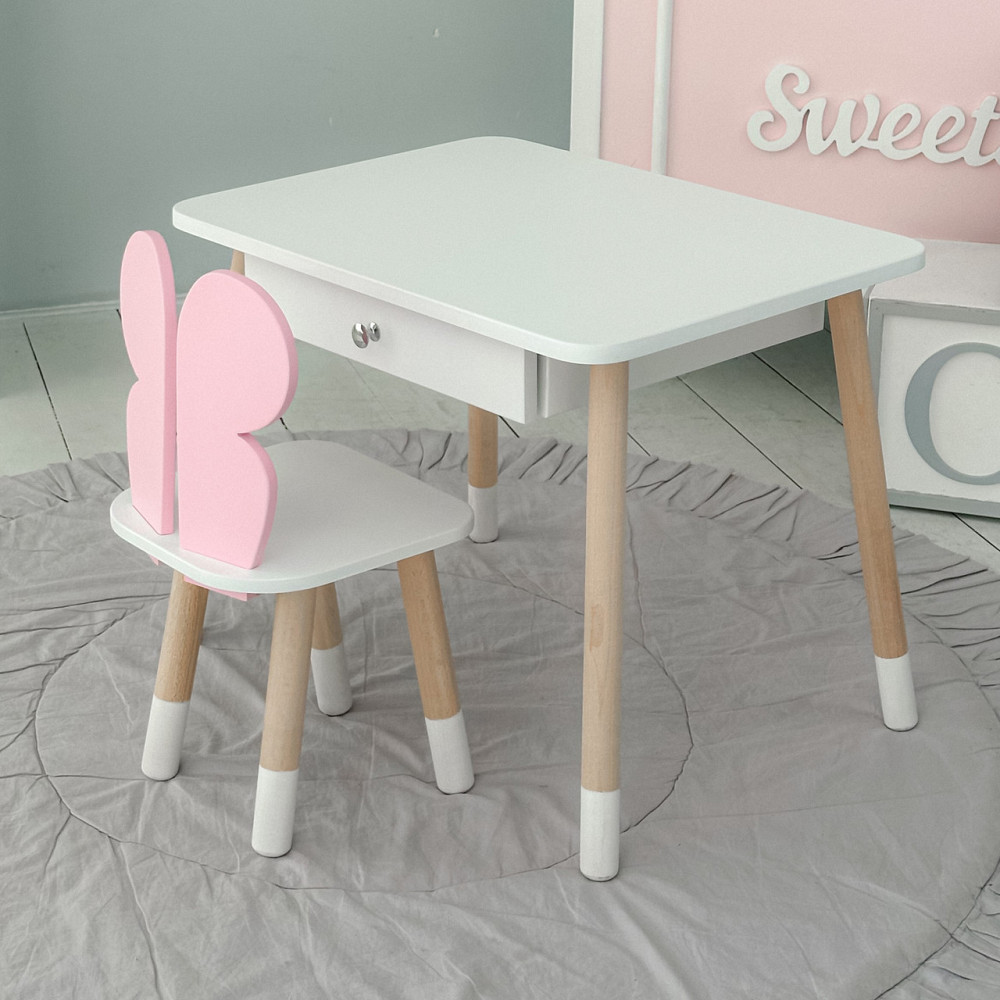 Стол прямоугольный с ящиком 46х60х45 и стул бабочка 26.5х26х25, столик и стульчик для девчачьей комнаты, розовый с белым Киев - изображение 12