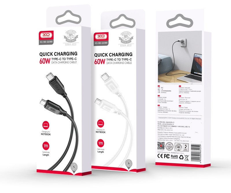 Кабель XO NBQ236B Braided Type-C to Type-C - 60W - 1m White (6976050) Київ - фото 4