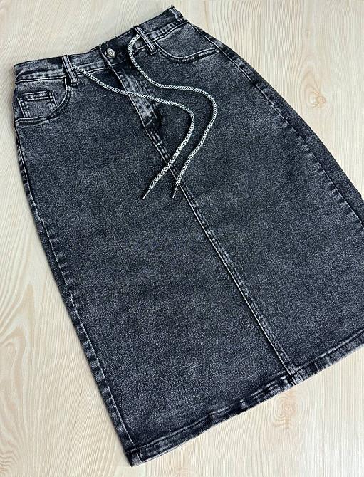 Спідниця жіноча джинсова Vanver 82038 резинка шнурок з розрізом варена міді чорна, чорний, 30, 30, 80 см, 103 см Київ - фото 8