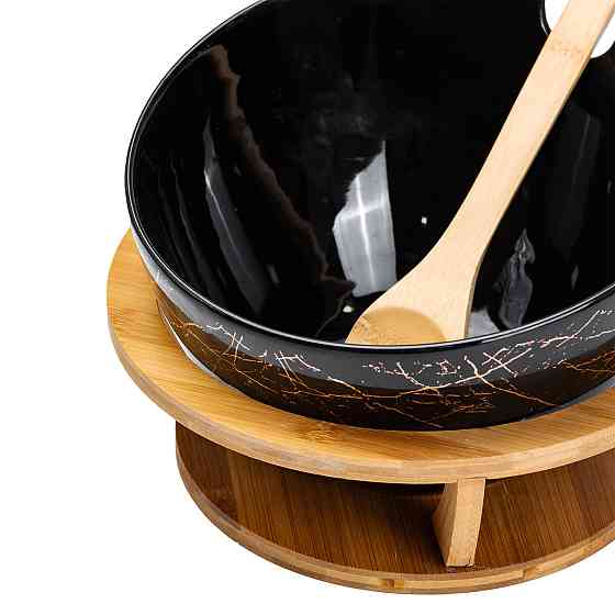 Салатница на бамбуковой подставке с ложкой Ø 25 см черная HP1245 Киев