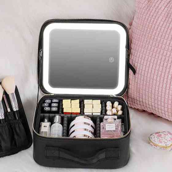 Косметичка дорожня з LED дзеркалом (26х23х11см), Чорна / Портативна косметичка-валіза / Органайзер для косметики Київ