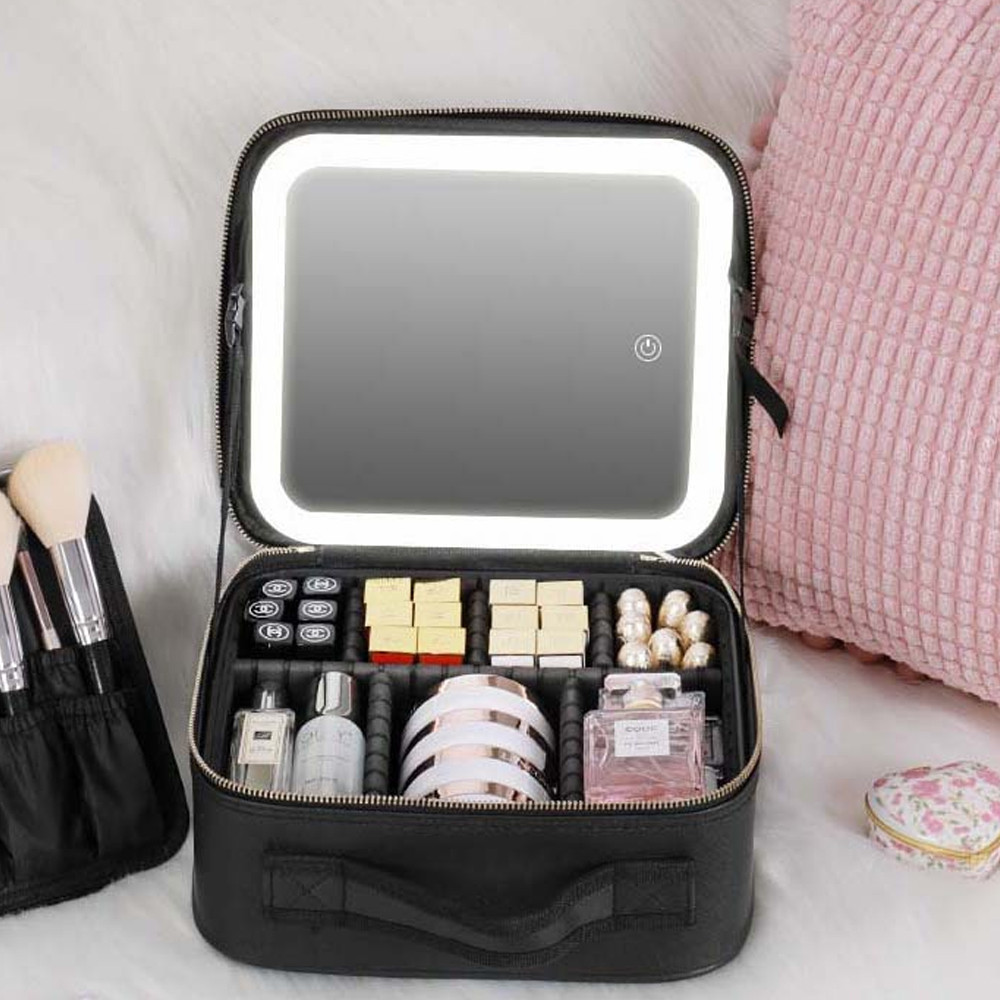 Косметичка дорожня з LED дзеркалом (26х23х11см), Чорна / Портативна косметичка-валіза / Органайзер для косметики Київ - фото 6