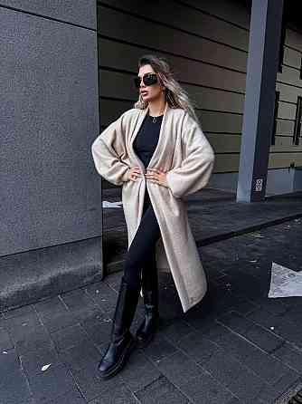 Женский теплый длинный кардиган на запах плотная альпака Беж Одесса