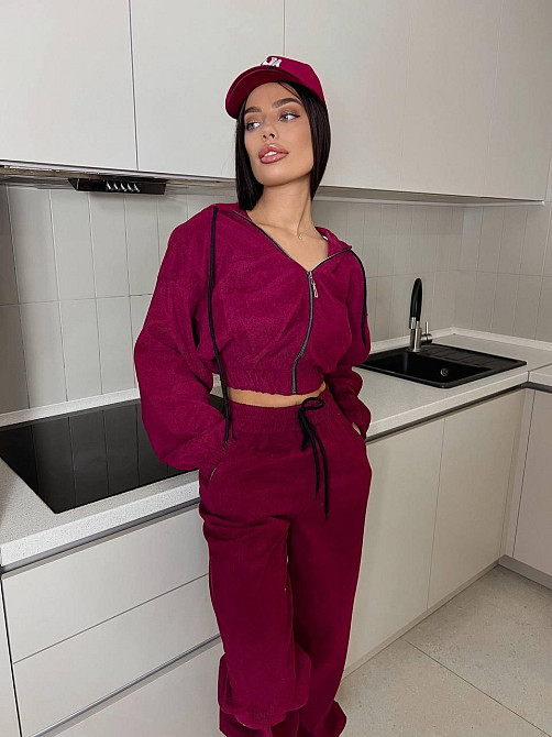 Женский прогулочный спортивный костюм двойка: кофта и штаны микровельвет Бургунди, 46/48 Одесса - изображение 4