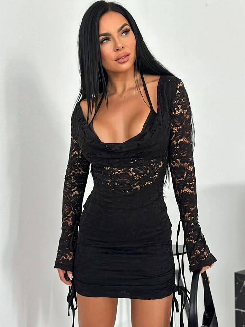 Жіноча стильна святкова мереживна мініплаття із зав'язками, мереживо + підкладка трикотаж масло Чорний, 46/48 Одеса - фото 1