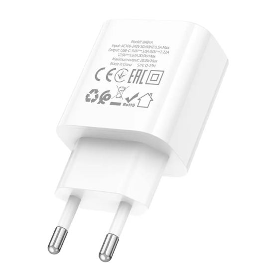Мережевий зарядний пристрій BOROFONE BA81A single port PD20W charger(EU) White Киев