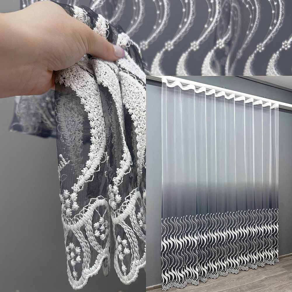 Тюль фатин "Омбре" з вишивкою та люрексом колір синій з білим 1762т Київ - фото 1