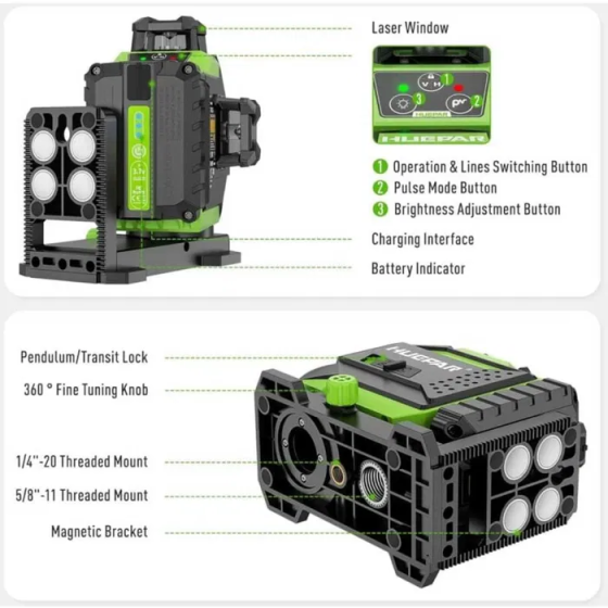 Лазерний рівень нівелір Huepar 703CG 3D Premium 6600 мАh Зелений промінь Київ