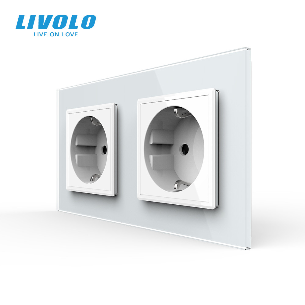 LIVOLO Подвійна електрична розетка з заземленням LIVOLO, біла, скляна рамка, шторки, 250В 16А ( Коломыя - изображение 2