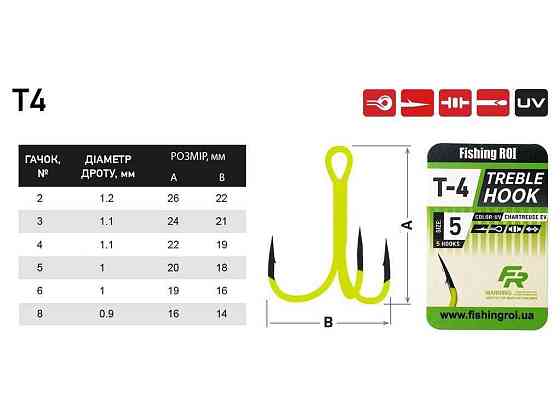 Крючок тройной 2 (5шт/уп) T-4 UV Chartreuse BC 33-07-002 ТМ FISHING ROI Киев