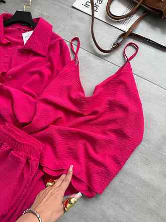 Жіночий легкий прогулянковий костюм-трійка: сорочка майка та штани креп жатка Малина, 48/50 Одеса