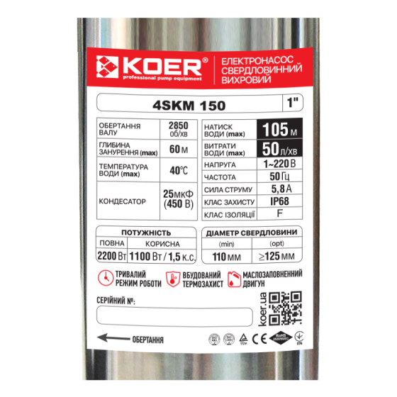 Насос свердлов. вихровий Koer 4SKM-150 з пультом Н=105М, Q=3кбМ, P=1100 Вт, 1