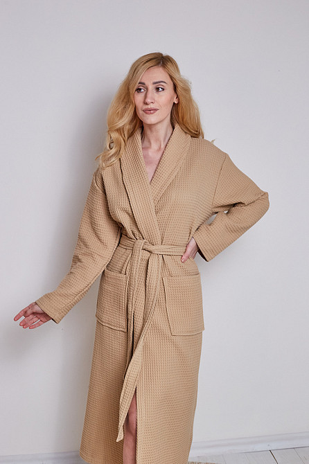 Женский вафельный халат Ideal Textile длинный бежевый (56860639) 3XL Черновцы - изображение 1