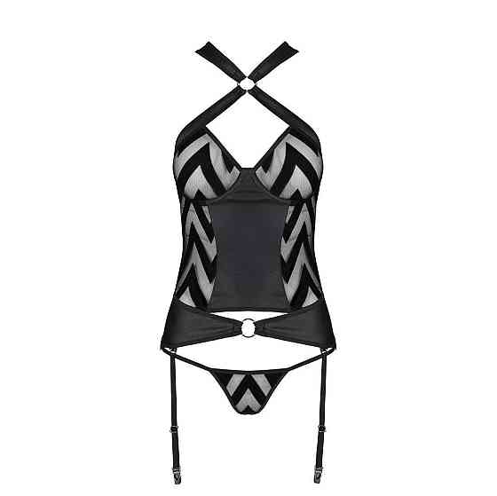 Сітчастий комплект з візерунком Passion HIMA CORSET L/XL black корсет з халтером, підв'язки, трусики Sex Aura Київ