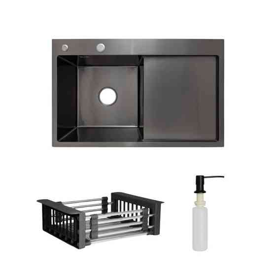 Комплект Lidz Handmade H7849BR Мойка для кухни интегрированная крыло справа BlackPVD в комплекте с дозатором + Киев
