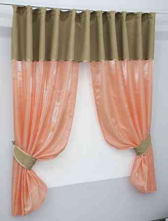 Кухонные шторы VR-Textil № 073к с ламбрекеном и подхватами персиковый с темно-бежевым 270х170 см (52-0214) Киев