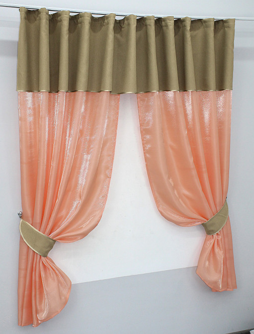 Кухонные шторы VR-Textil № 073к с ламбрекеном и подхватами персиковый с темно-бежевым 270х170 см (52-0214) Киев - изображение 2