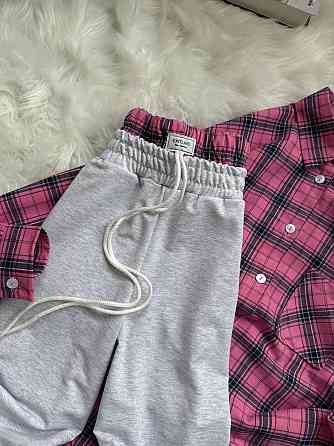 Женский повседневный костюм двойка: рубашка в клетку и штаны фланель + двунитка. Розовый 2, 48/52 Одесса