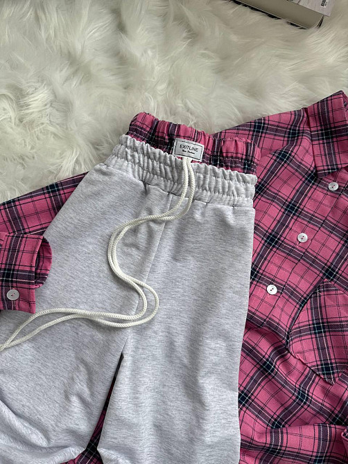 Женский повседневный костюм двойка: рубашка в клетку и штаны фланель + двунитка. Розовый 2, 48/52 Одесса - изображение 3