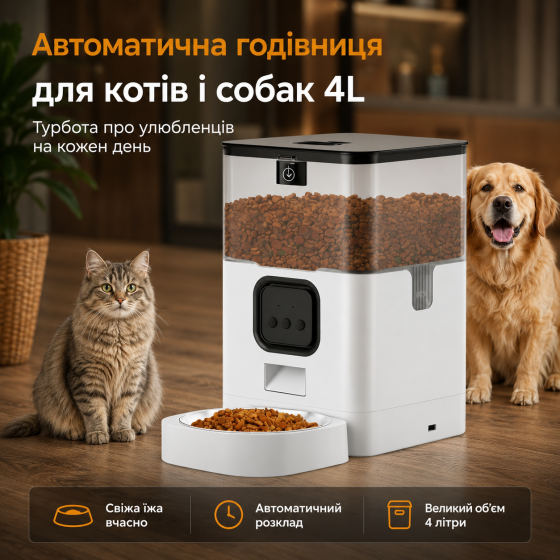 Автоматична годівниця для котів і собак 4L з таймером, голосом та подвійним живленням, біла розумна годівниця Київ