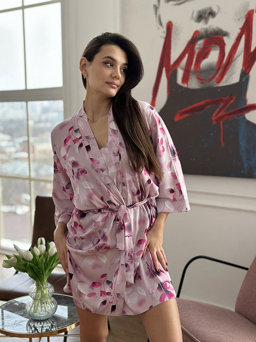 Шелковый халат женский с цветочным принтом Розовый XS/S Харьков - изображение 2