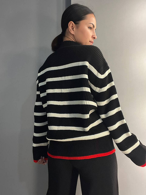 Свитер женский MIX RAY 6635 полоска оверсайз удлиненный свободный крой, черный, one size Киев - изображение 4