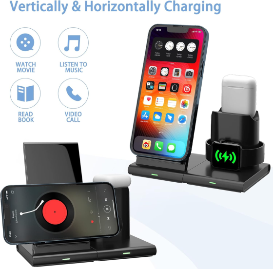 Бездротовий зарядний пристрій Seneo PA191 3 в 1 для iPhone 14/13/12/11/Pro, Apple Watch, AirPods, MagSafe, Чорний Київ
