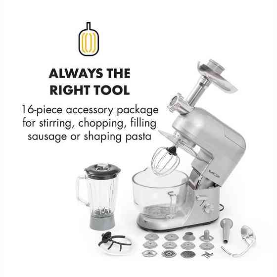 Кухонний комбайн Lucia Argentea 2G, блендер-м'ясорубка, 1300 Вт, без BPA, сріблястий (Німеччина, читати Рівне