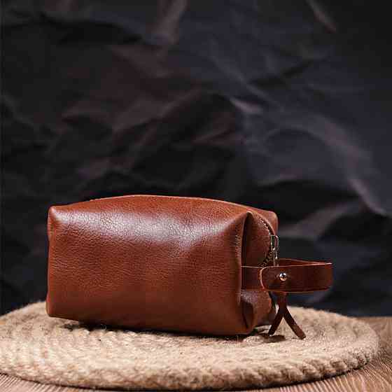 Компактна косметичка з гладкої шкіри на блискавці Світло-коричнева (GRANDE PELLE) Київ