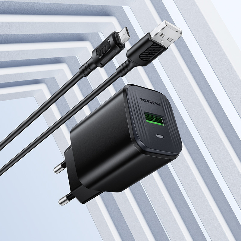 Мережевий зарядний пристрій з кабелем BOROFONE BAS82A Star single port QC3.0 charger set (Micro) (EU) Black Одеса - фото 4