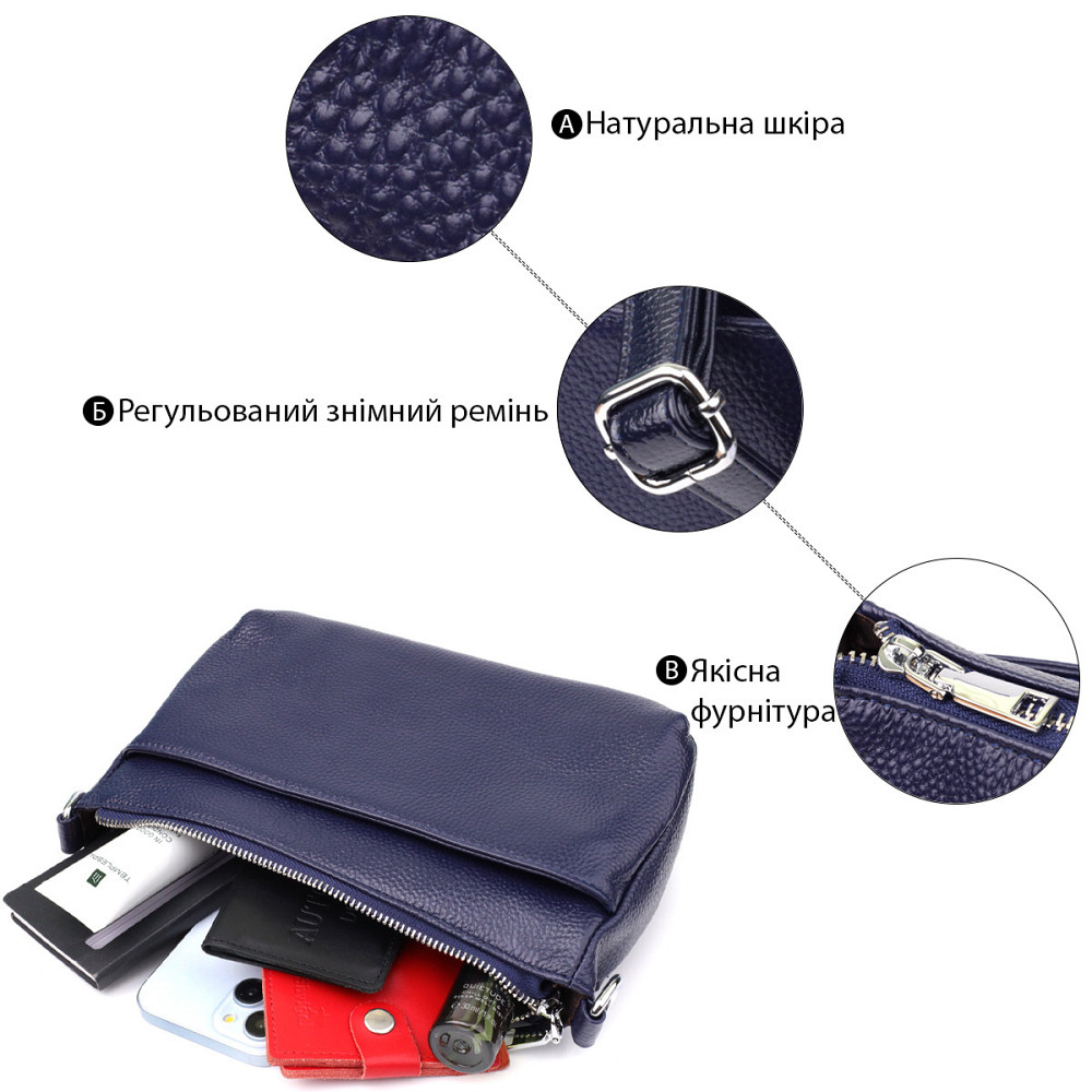 Женская сумка из натуральной кожи с двумя ремешками Vintage 22928 Синий Киев - изображение 4