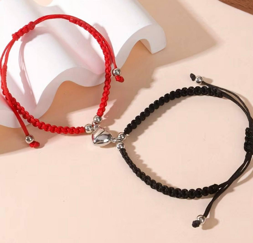 Парні браслети для закоханих з серцем, браслети для пари червоний та чорний, регульовані браслети дружби Київ - фото 1