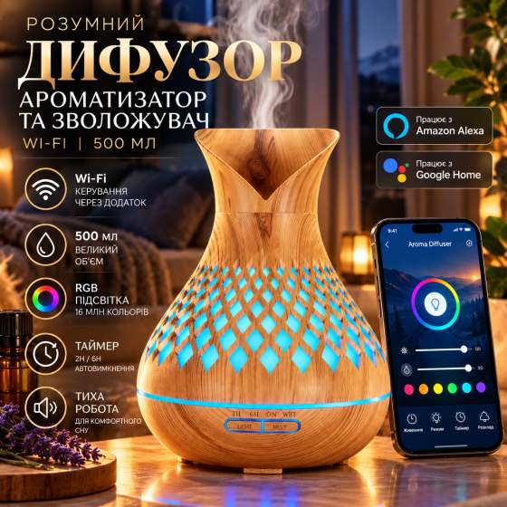 Розумний Wi-Fi дифузор ефірних олій 500 мл, ароматизатор-зволожувач, Alexa, Google Home, RGB, таймер Київ
