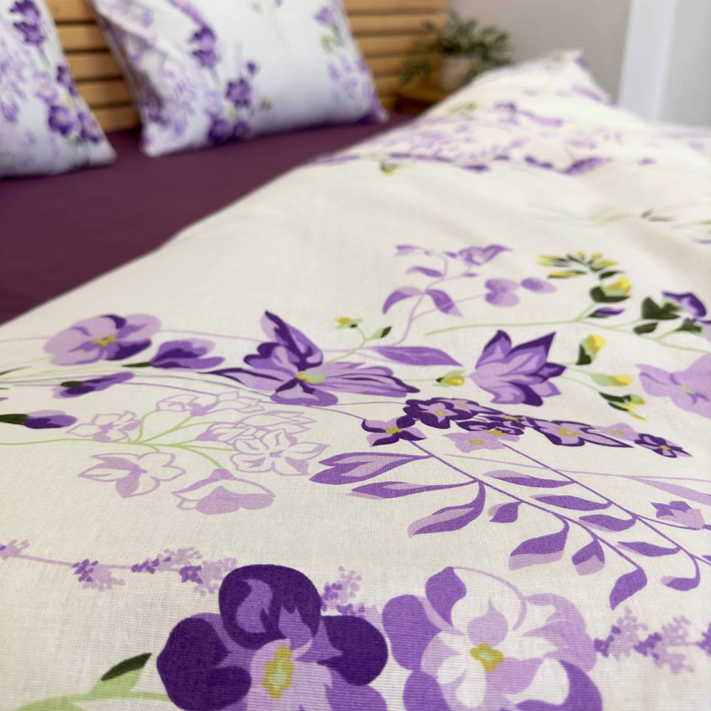 Полуторный комплект постельного белья Цветы 100% хлопок YouStar (Белый с фиолетовым) Сумы - изображение 2
