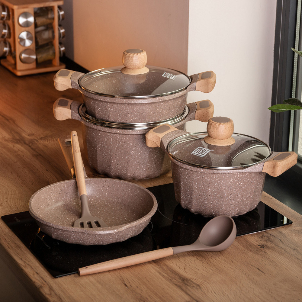 Набор посуды,3 кастрюли,толстодонное алюминиевое дно MGC с лопаткой и половником,кофейный HP-4-401CO SBR Киев - изображение 10