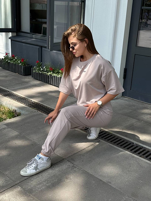 Женский костюм двунитка футболка и штаны прогулочный Бежевый M-L Харьков - изображение 12