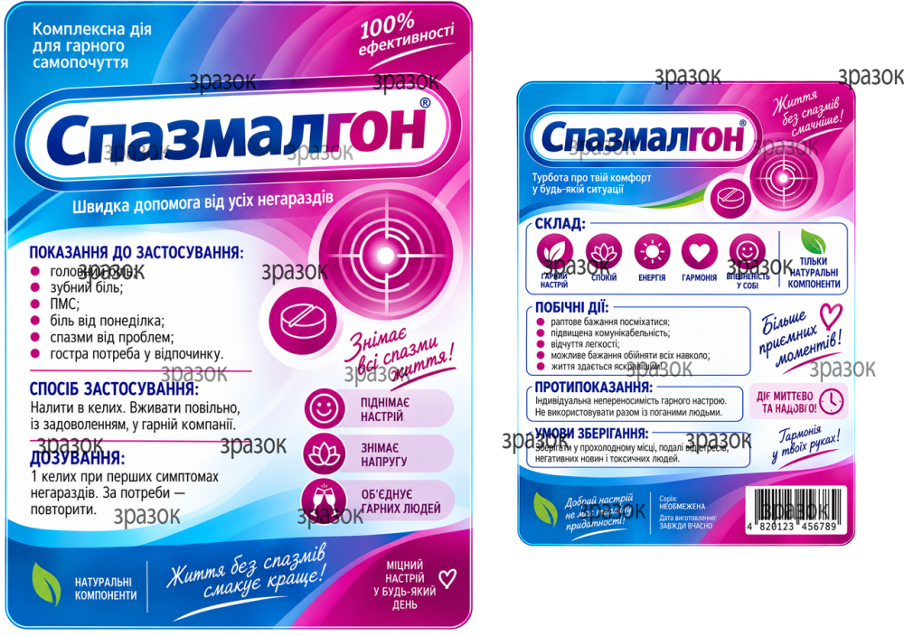 Прикольные этикетки на бутылку «Спазмалгон» — шуточное средство от стресса, ПМС и тяжелого дня, комплект 2 шт. Одесса - изображение 1