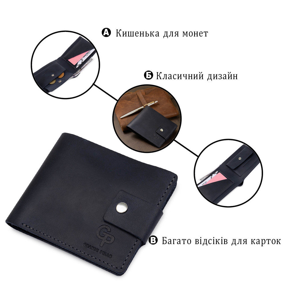 Мужское компактное кожаное портмоне GRANDE PELLE 11519 Темно-синий Киев - изображение 6