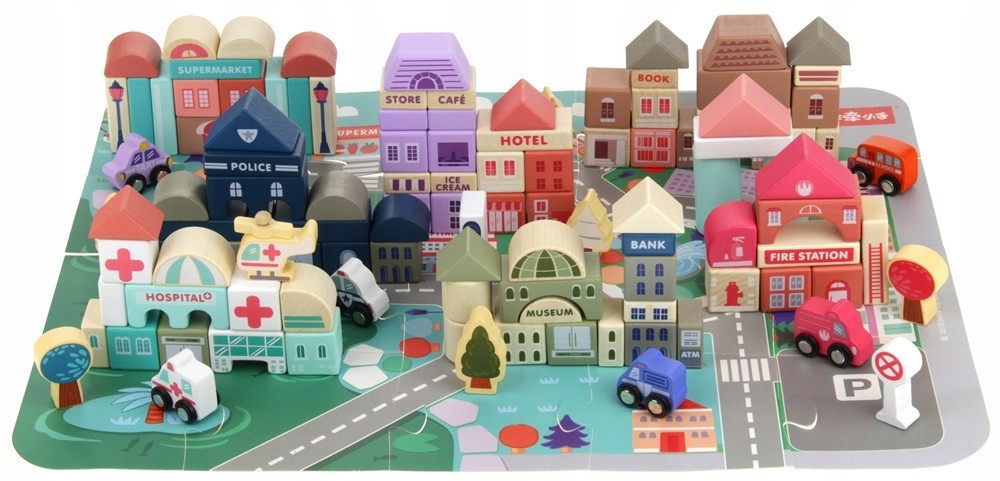 Набор деревянных развивающих кубиков для детей город 115 блоков с ковриком Kruzzel (11228) Нововолынск - изображение 2