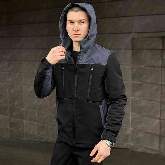 Черно-серая демисезонная мужская куртка XL с капюшоном Pobedov Setup Киев