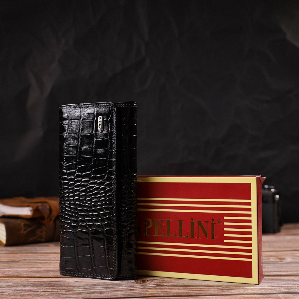 Стильный женский кошелек из лакированной натуральной кожи с тиснением под крокодила CANPELLINI 21707 Черный Киев - изображение 10