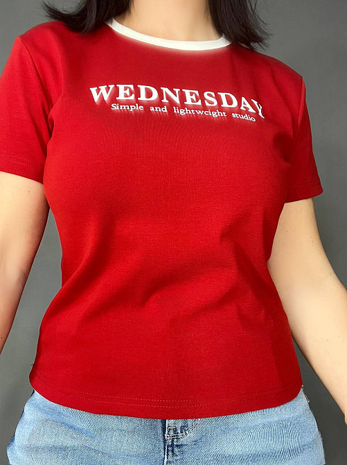 Футболка жіноча A-N 989 базова однотонна з написом WEDNESDAY попереду середня довжина one size червона, червоний, one size Київ - фото 18