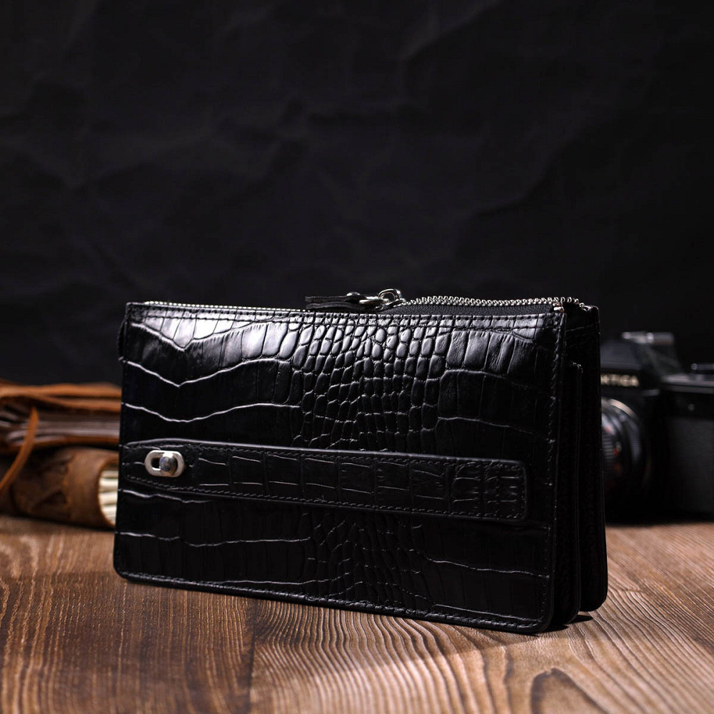 Клатч чоловічий на два відділення з натуральної шкіри з тисненням під крокодила BOND 22044 Чорний Київ - фото 10