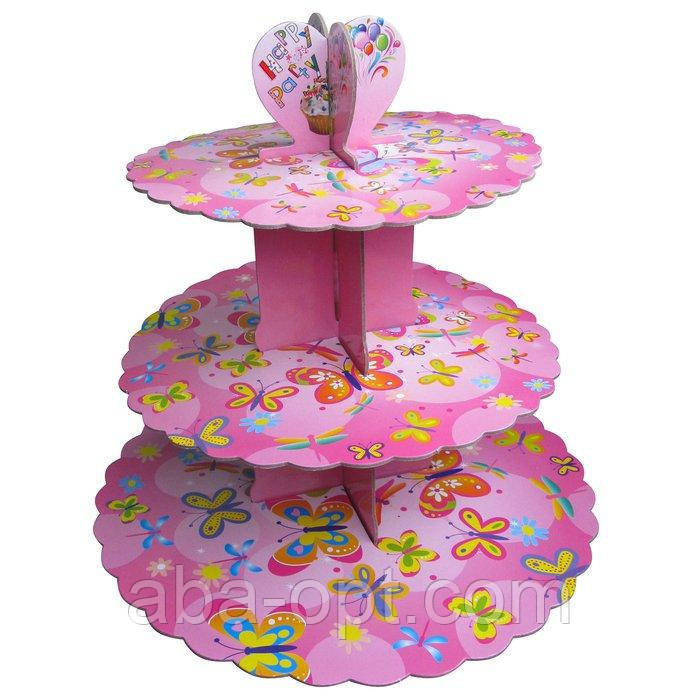 Підставка,Стенд триярусний картонний круглий для капкейків рожевого кольору (шт) Одеса - фото 1