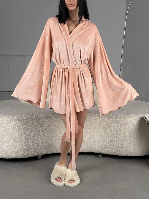 Женский домашний велюровый мини халат плюш велюр Персик, 48/52 Одесса - изображение 2