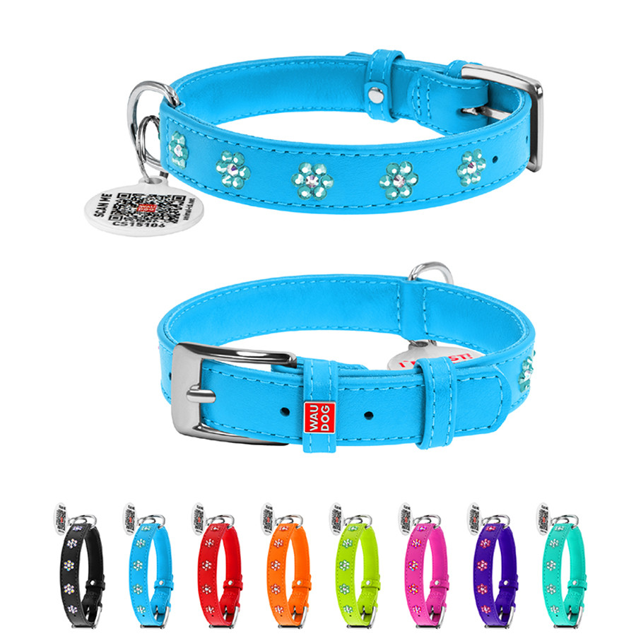 Нашийник для собак шкіряний WAUDOG Glamour з QR паспортом, з клейовими стразами "Квіти", Ш 20 м Коломыя - изображение 1