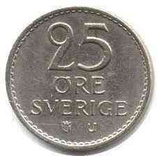 Монета 25 ере. 1972,73,64 рік, Швеція. Полтава