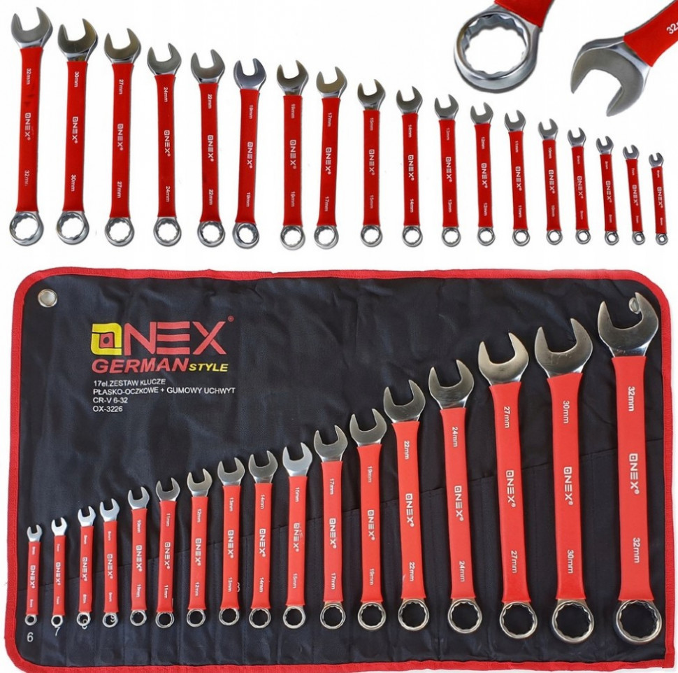 Набір комбінованих ключів OX-3226 6-32 мм, 17 шт, хром-ванадієва сталь Cr-V, прогумовані ручки, чохол-органайзер Одеса - фото 4