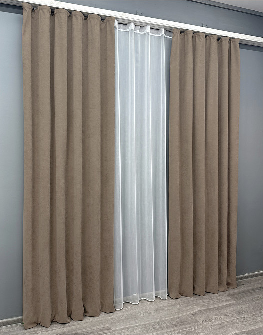 Комплект штор VR-Textil Микровелюр Petek 150х270 2шт и Тюль 500х270 1701ш-1153т Капучино с белым 71-055/4 Киев - изображение 11