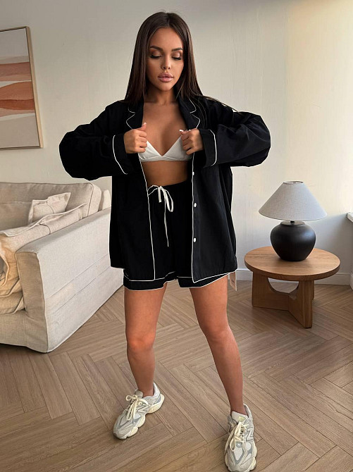 Жіночий літній костюм-двійка: сорочка та шорти в піжамному стилі натуральний льон Чорний Одеса - фото 5